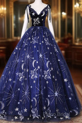 Beautiful Navy Blue Tulle Long Formal Prom Dresses, Spaghetti Straps Lace Flower Backless Formal Dresses