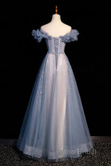 Beautiful Off Shoulder Puffy Sleeves Beaded Party Dresses Formal Prom Dresses, Blue Evening Gown