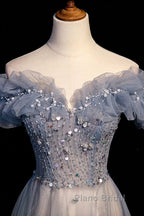 Beautiful Off Shoulder Puffy Sleeves Beaded Party Dresses Formal Prom Dresses, Blue Evening Gown