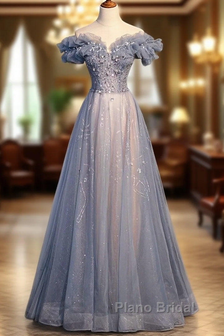 Beautiful Off Shoulder Puffy Sleeves Beaded Party Dresses Formal Prom Dresses, Blue Evening Gown