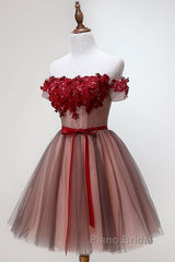 Beautiful Off Shoulder Tulle Knee Length Party Dresses , Red Homecoming Dresses With Applique