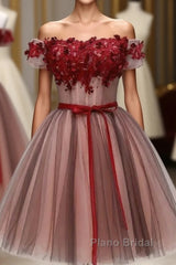 Beautiful Off Shoulder Tulle Knee Length Party Dresses , Red Homecoming Dresses With Applique