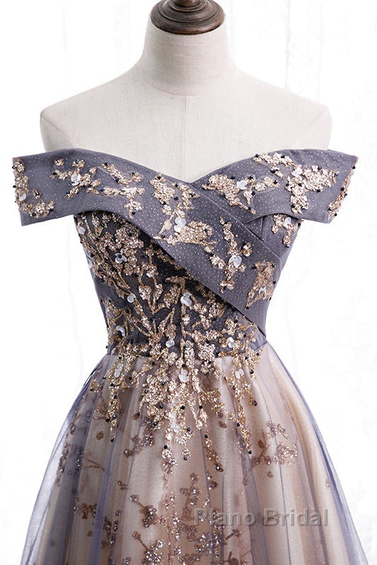 Beautiful Off Shoulder Tulle With Lace Long Evening Gown, Floor Length Formal Prom Dresses