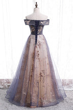 Beautiful Off Shoulder Tulle With Lace Long Evening Gown, Floor Length Formal Prom Dresses