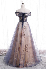 Beautiful Off Shoulder Tulle With Lace Long Evening Gown, Floor Length Formal Prom Dresses