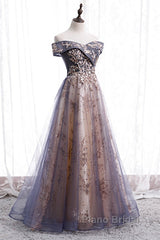 Beautiful Off Shoulder Tulle With Lace Long Evening Gown, Floor Length Formal Prom Dresses