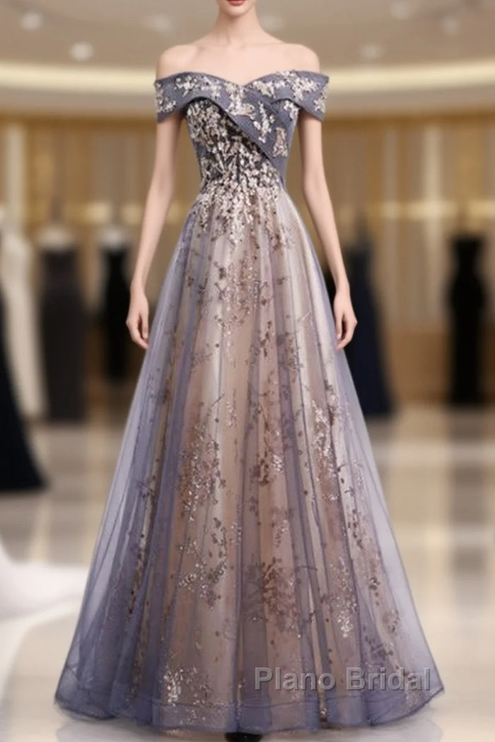 Beautiful Off Shoulder Tulle With Lace Long Evening Gown, Floor Length Formal Prom Dresses Main image