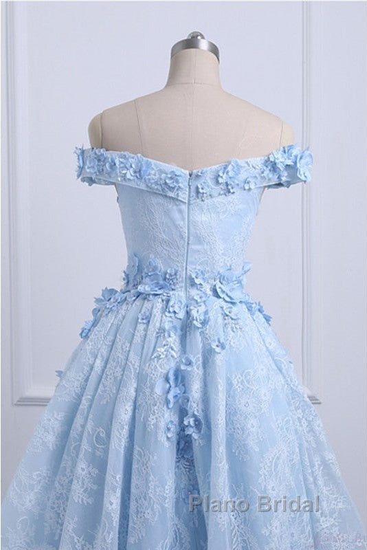 Beautiful Off The Shoulder Blue Formal Prom Dresses Lace Applique,  High Low Formal Prom Dresses
