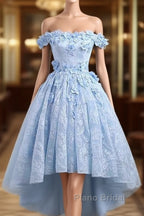 Beautiful Off The Shoulder Blue Formal Prom Dresses Lace Applique,  High Low Formal Prom Dresses