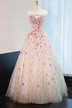 Beautiful Pink Beaded Flowers A-Line Strapless Long Formal Prom Dresses Gorgeous Formal Evening Dresses