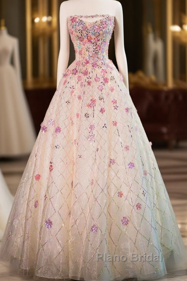 Beautiful Pink Beaded Flowers A-Line Strapless Long Formal Prom Dresses Gorgeous Formal Evening Dresses Main image