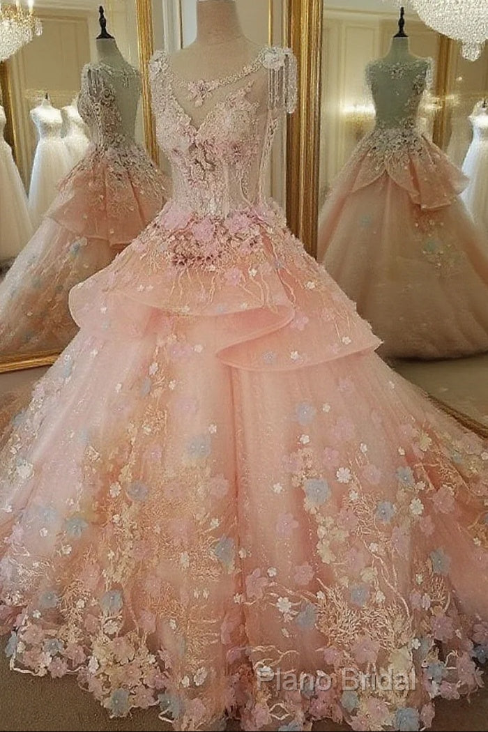 Beautiful Pink Flowers Round Neckline Sweet 16 Dresses, Pink Quinceanera Dresses Main image