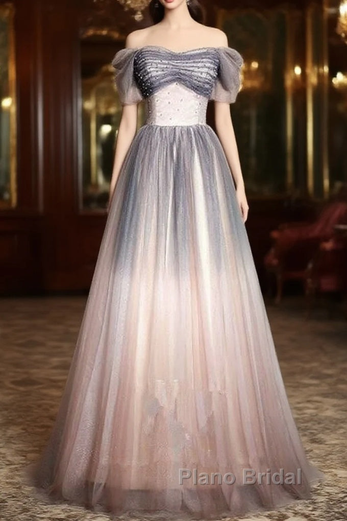Beautiful Pink Gradient Beaded Sweetheart Long Formal Prom Dresses, Tulle Evening Dresses