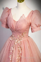 Beautiful Pink Tulle Floor Length Formal Prom Dresses, Cute Short Sleeve Formal Dresses