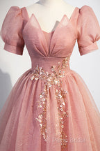 Beautiful Pink Tulle Floor Length Formal Prom Dresses, Cute Short Sleeve Formal Dresses