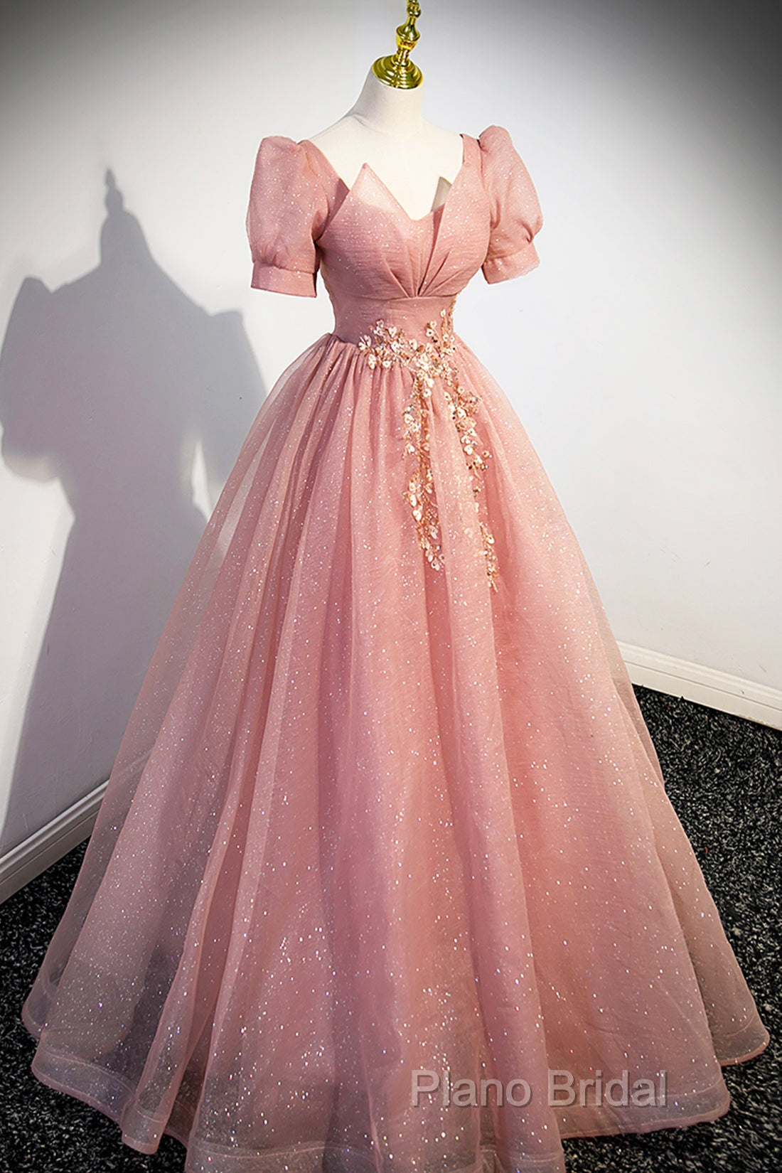 Beautiful Pink Tulle Floor Length Formal Prom Dresses, Cute Short Sleeve Formal Dresses