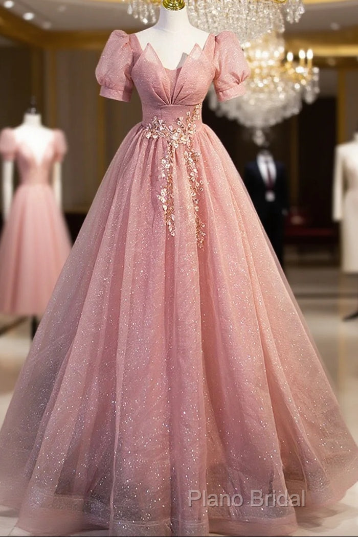 Beautiful Pink Tulle Floor Length Formal Prom Dresses, Cute Short Sleeve Formal Dresses Main image