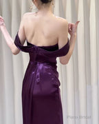Beautiful Purple Satin Mermaid Off Shoulder Prom Dress, Purple Satin Evening Dress