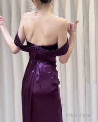 Beautiful Purple Satin Mermaid Off Shoulder Prom Dress, Purple Satin Evening Dress