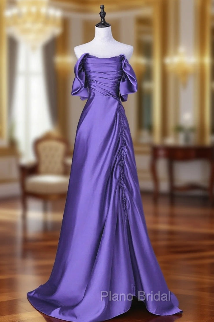Beautiful Purple Satin Off Shoulder Formal Dresses, Purple Satin Evening Dresses Formal Prom Dresses