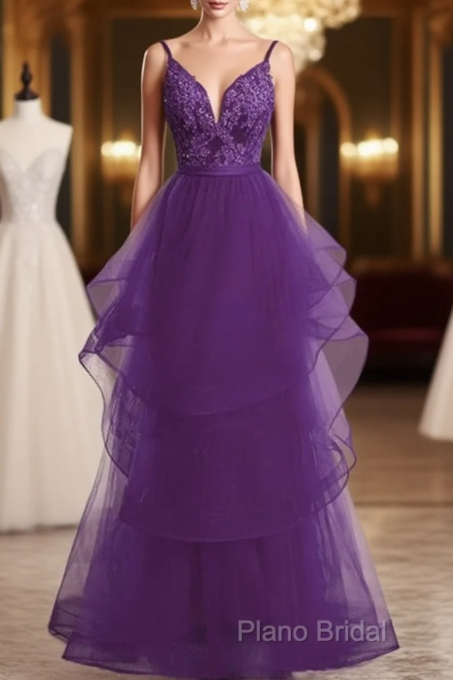 Beautiful Purple Tulle Layers With Lace Long Formal Dresses, Purple Formal Prom Dresses Party Dresses Main image