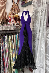 Beautiful Purple V-Neck Lace Mermaid Long Formal Prom Dresses Backless Birthday Party Dresses