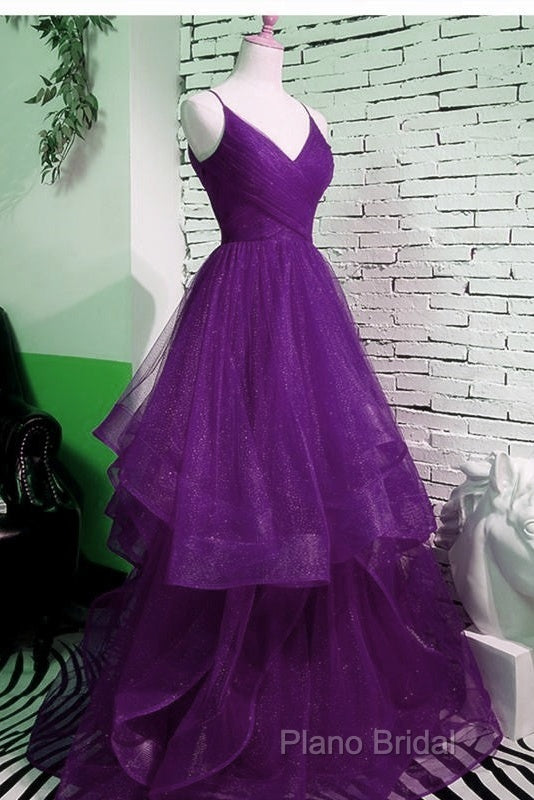 Beautiful Purple V-Neckline Straps Layers Tulle Party Gown, Purple Formal Dresses Secondary image