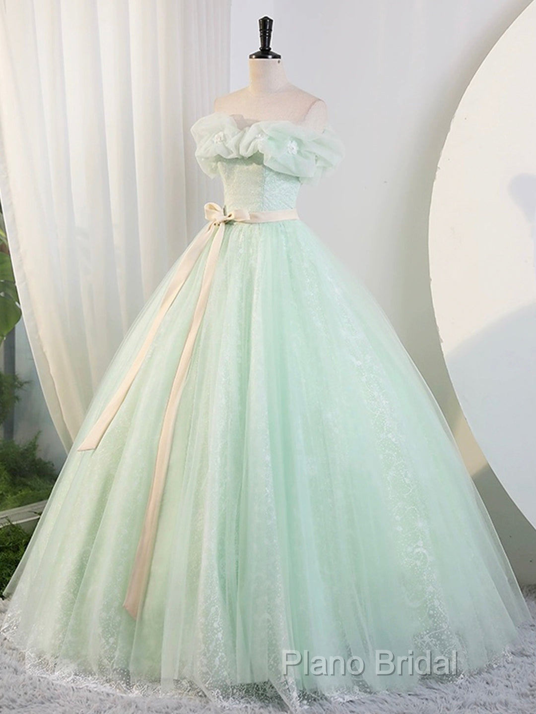 Beautiful Sage Green Tulle Floor Length Formal Prom Dresses, A-Line Off The Shoulder Formal Part Dresses Secondary image