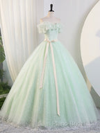 Beautiful Sage Green Tulle Floor Length Formal Prom Dresses, A-Line Off The Shoulder Formal Part Dresses