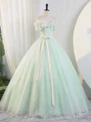 Beautiful Sage Green Tulle Floor Length Formal Prom Dresses, A-Line Off The Shoulder Formal Part Dresses