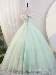 Beautiful Sage Green Tulle Floor Length Formal Prom Dresses, A-Line Off The Shoulder Formal Part Dresses