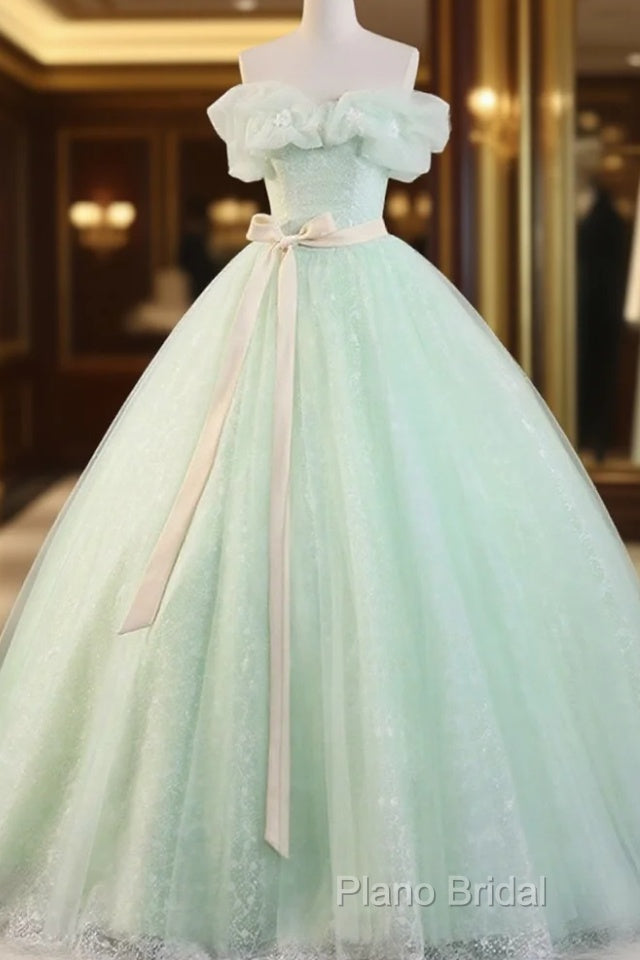 Beautiful Sage Green Tulle Floor Length Formal Prom Dresses, A-Line Off The Shoulder Formal Part Dresses Main image