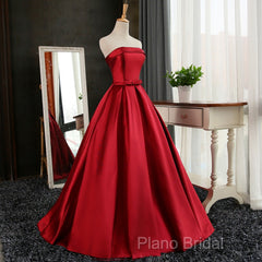 Beautiful Satin Scoop Floor Length Ball Formal Prom Dresses , Dark Red Sweet 16 Gown