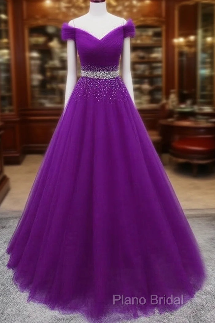 Beautiful Sequins Sweetheart Long Party Dresses, Purple Tulle Formal Gown Main image