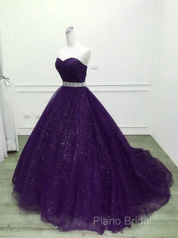 Beautiful Shiny Purple Tulle Beaded Ball Gonw Party Dresses, Purple Formal Prom Dresses Secondary image