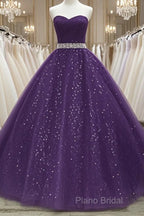 Beautiful Shiny Purple Tulle Beaded Ball Gonw Party Dresses, Purple Formal Prom Dresses