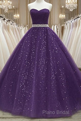 Beautiful Shiny Purple Tulle Beaded Ball Gonw Party Dresses, Purple Formal Prom Dresses