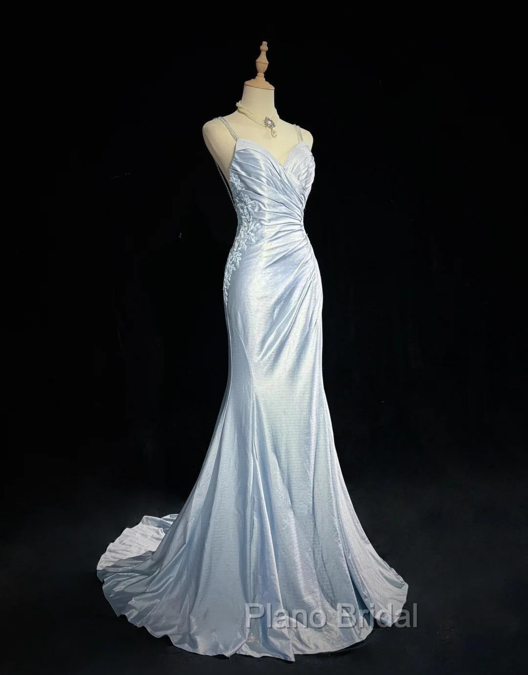 Beautiful Spaghetti Strap Mermaid Glitter Satin Long Formal Prom Backless Applique Evening Gown Simple Wedding Dresses Secondary image