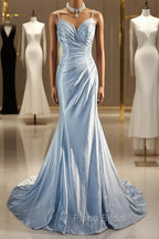 Beautiful Spaghetti Strap Mermaid Glitter Satin Long Formal Prom Backless Applique Evening Gown Simple Wedding Dresses