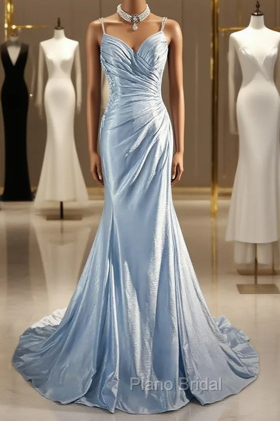 Beautiful Spaghetti Strap Mermaid Glitter Satin Long Formal Prom Backless Applique Evening Gown Simple Wedding Dresses