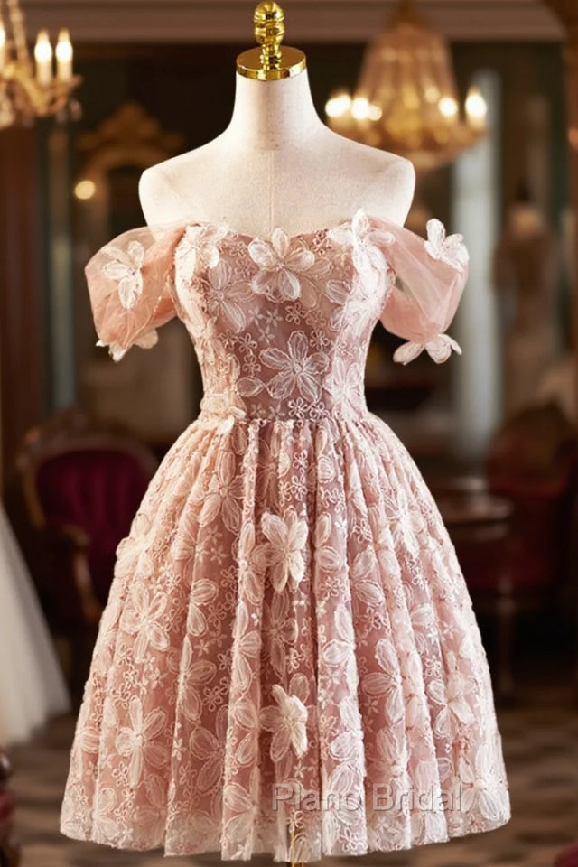 Beautiful Tulle Flower Knee Length Formal Prom Dresses, Off the Shoulder Short Sleeve Evening Party Dresses