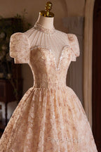 Beautiful Tulle Flower Tea Length Formal Prom Dresses, Off the Shoulder Short Sleeve Evening Party Dresses