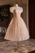 Beautiful Tulle Flower Tea Length Formal Prom Dresses, Off the Shoulder Short Sleeve Evening Party Dresses