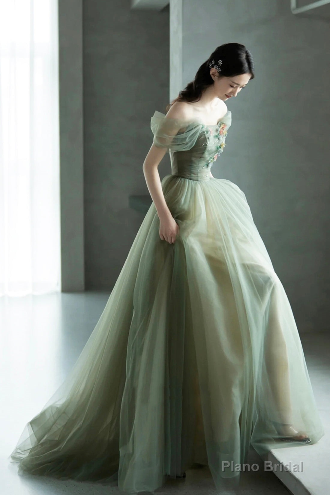 Beautiful Tulle Flowers Long Prom Dress, Green A-Line Formal Evening Dress Secondary image