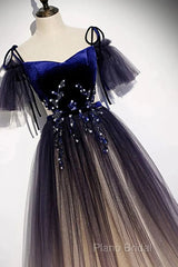 Beautiful Velvet And Gradient Tulle Long Party Dresses, Straps Long Formal Gown