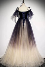 Beautiful Velvet And Gradient Tulle Long Party Dresses, Straps Long Formal Gown