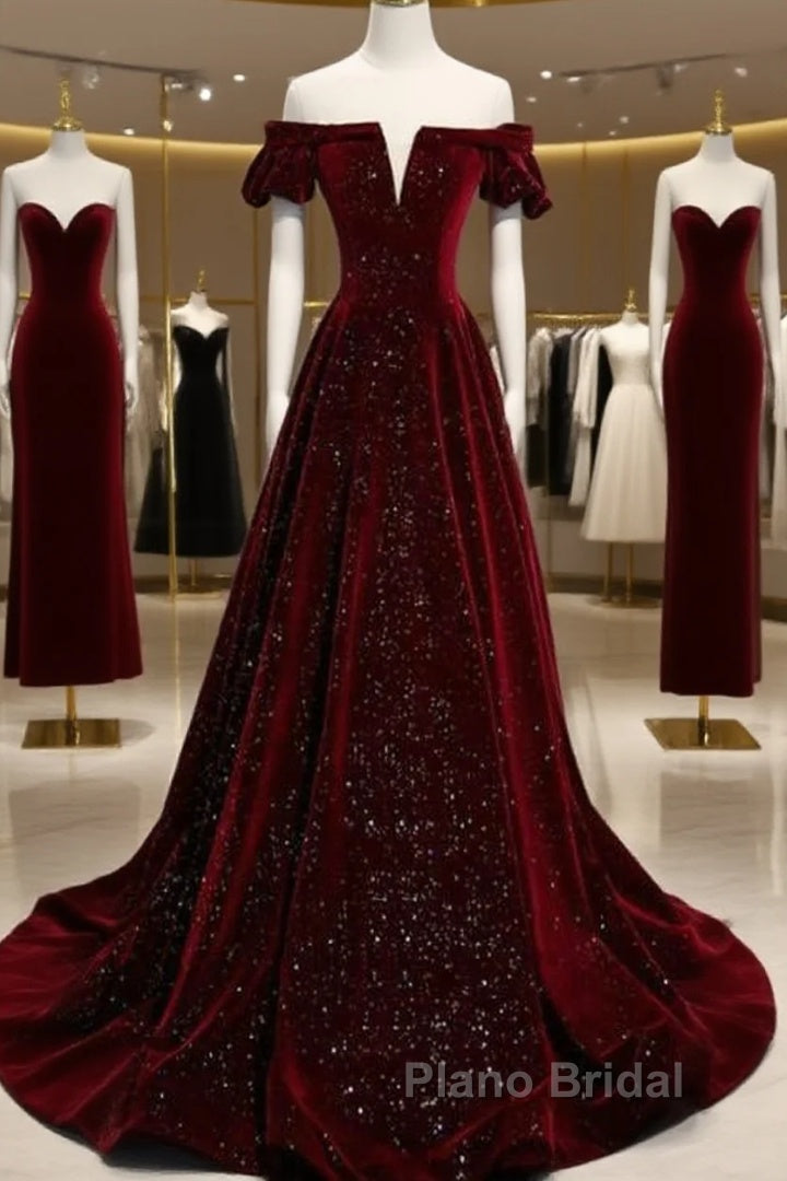Beautiful Wine Red Off Shoulder Velvet Long Party Dresses, A-Line Dark Red Formal Prom Dresses Main image