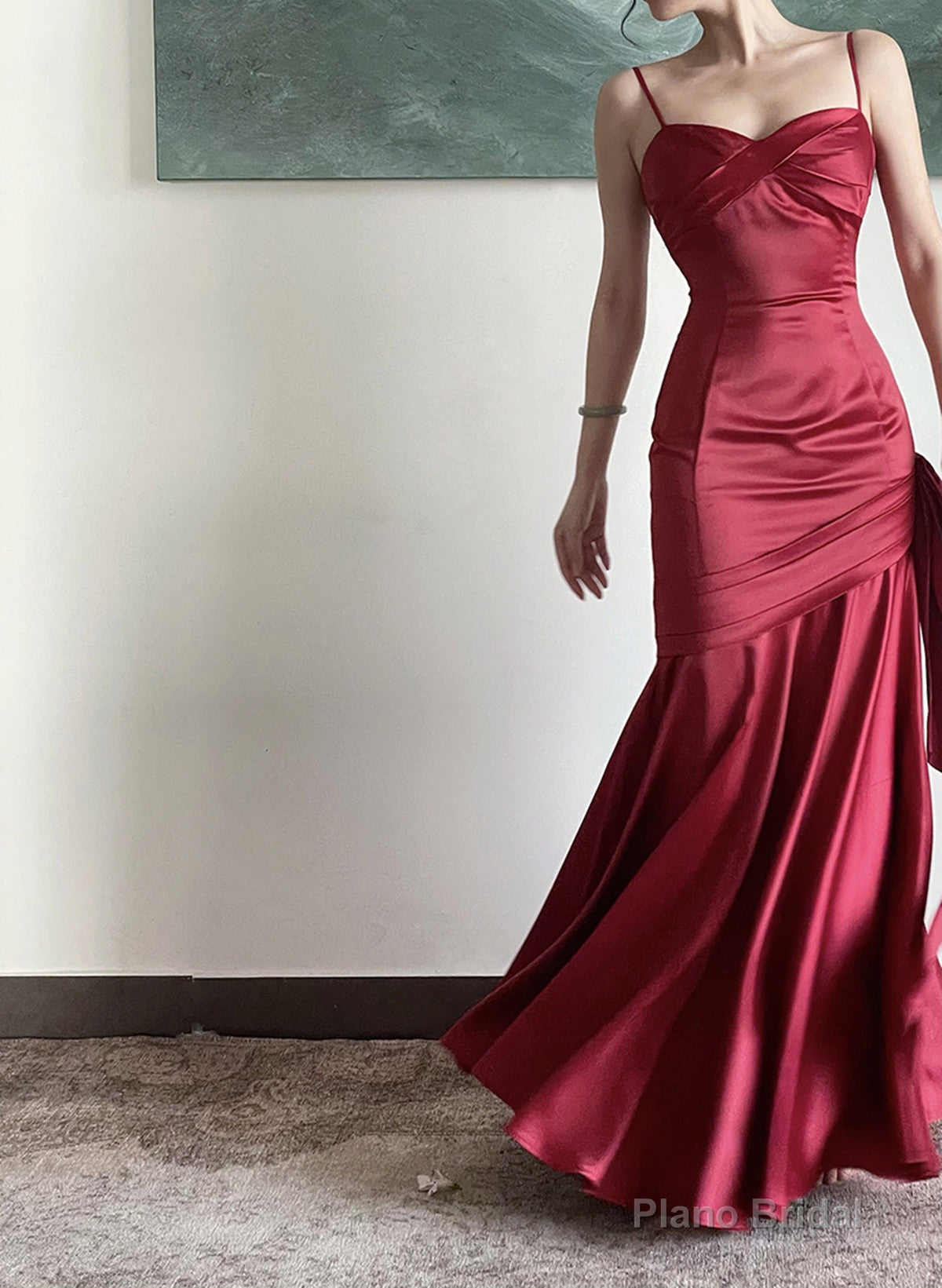 Beautiful Wine Red Satin Straps Long Evening Dress Prom Dress, Wine Red Party Dress Secondary image
