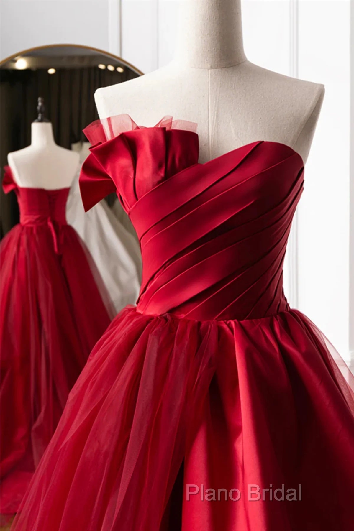 Beautiful Wine Red Sweetheart Tulle And Satin Party Dresses, Wine Red Long Formal Dresses Secondary image