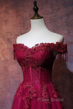 Beautiful Wine Red Tulle Sweetheart Long Formal Prom Dresses, A-Line Party Dresses